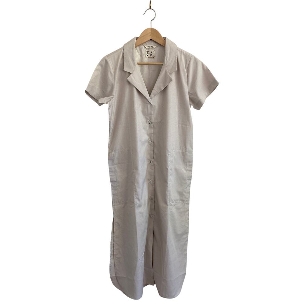 Harper Sage Mesa‎ Dress Beige Stripe Short Sleeve Button-Down Shirt Dress Cotton